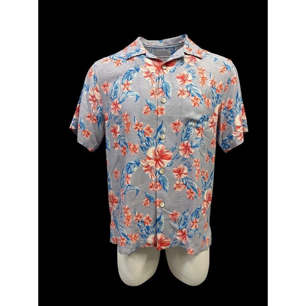 Tommy Bahama Men's Cape Hibiscus Floral Silk Short Sleeve Shirt Dark Gravel M